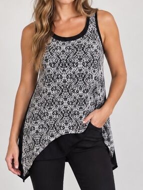 Candy Couture Sleeveless Tunic Womens Size Small Black White Geometric Asymmetri